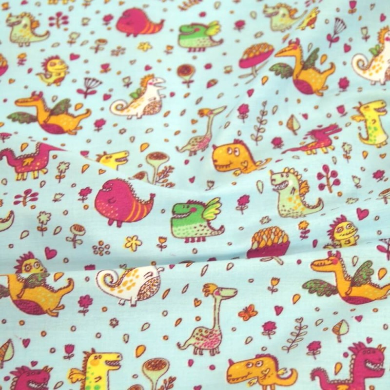 Polycotton Fabric Dinosaurs & Dragons, Floral Flowers