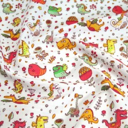 Polycotton Fabric Dinosaurs & Dragons, Floral Flowers White