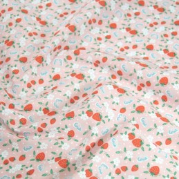 Polycotton Fabric Strawberries Butterflies & Flowers Pink