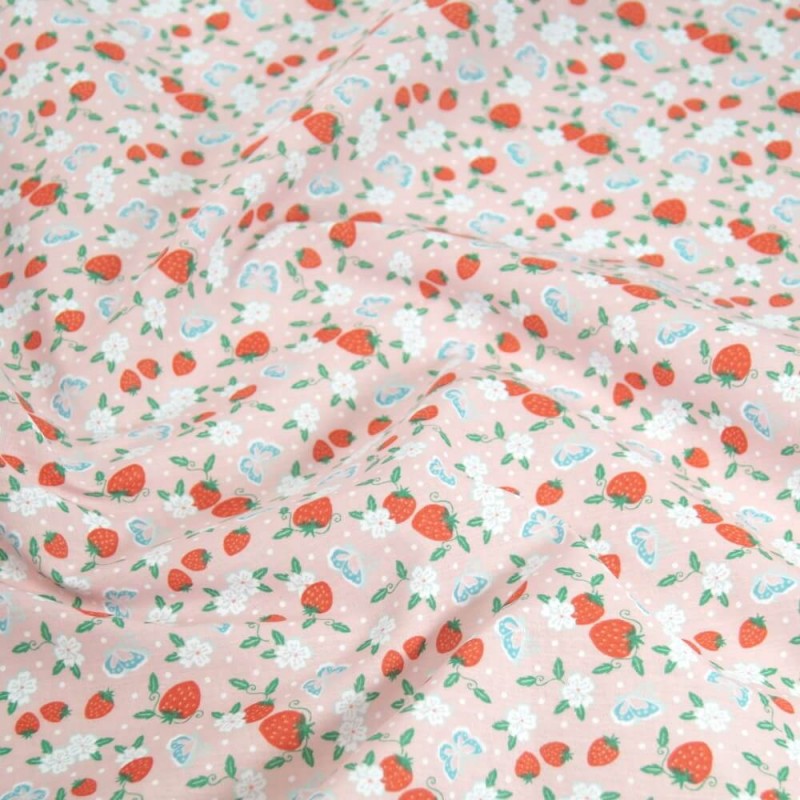 Polycotton Fabric Strawberries Butterflies & Flowers