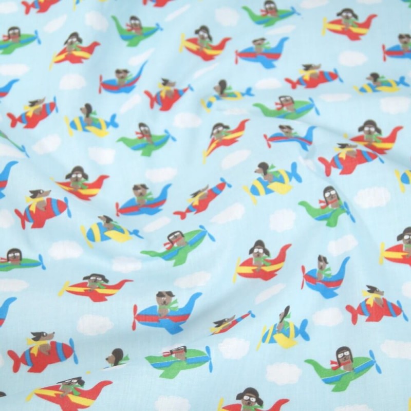 Polycotton Fabric Flying Aeroplanes Dogs Puppy Nursery Kids