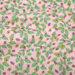 Polycotton Fabric Ladybirds Ladybugs on Leaves Pink