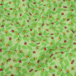 Polycotton Fabric Ladybirds Ladybugs on Leaves Green