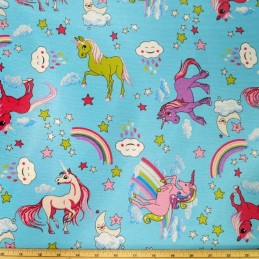 Cotton Polyester Mix Panama Upholstery Fabric Fantasy Rainbow Unicorns Sky Blue