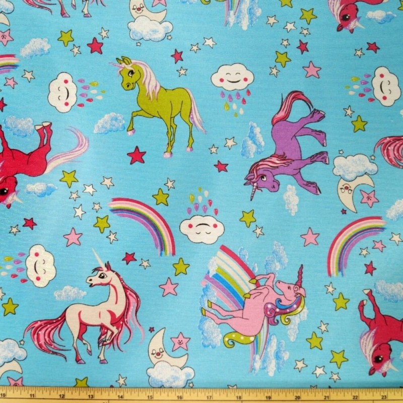 Cotton Polyester Mix Panama Upholstery Fabric Fantasy Rainbow Unicorns