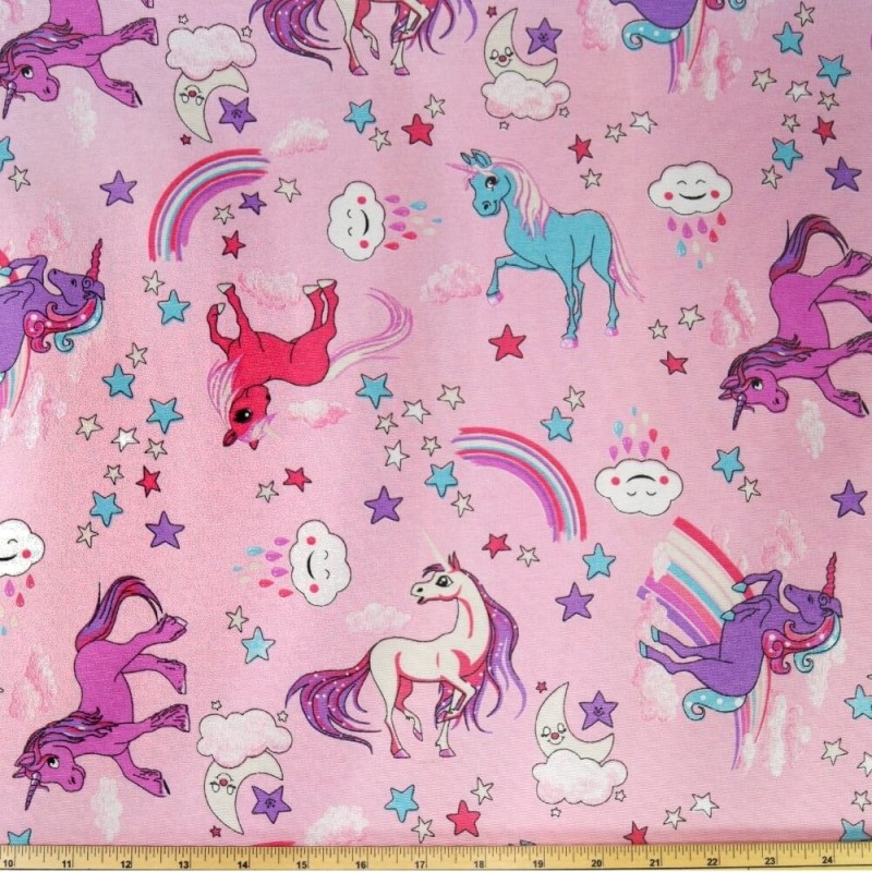 Cotton Polyester Mix Panama Upholstery Fabric Fantasy Rainbow Unicorns