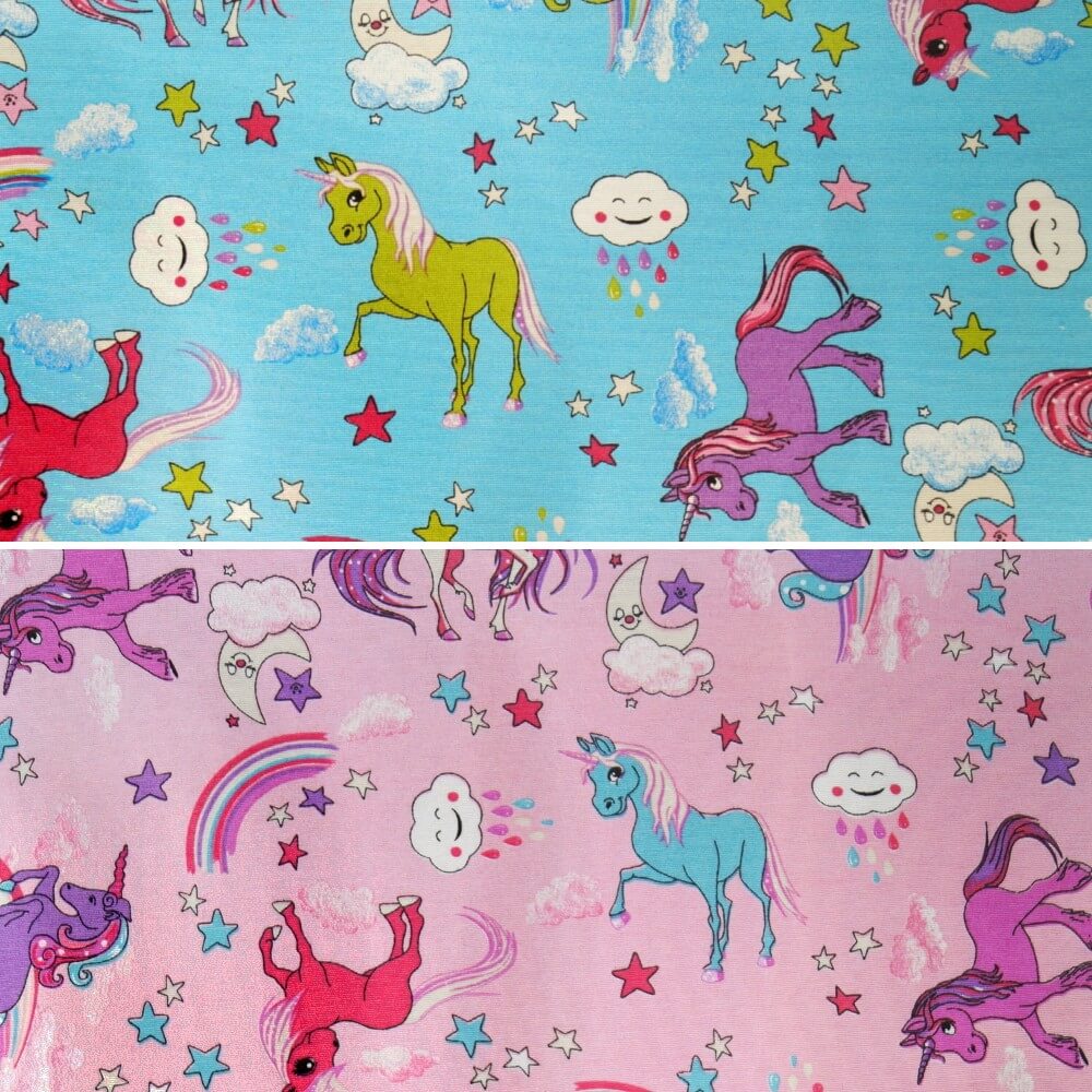 Cotton Polyester Mix Panama Upholstery Fabric Fantasy Rainbow Unicorns Pink