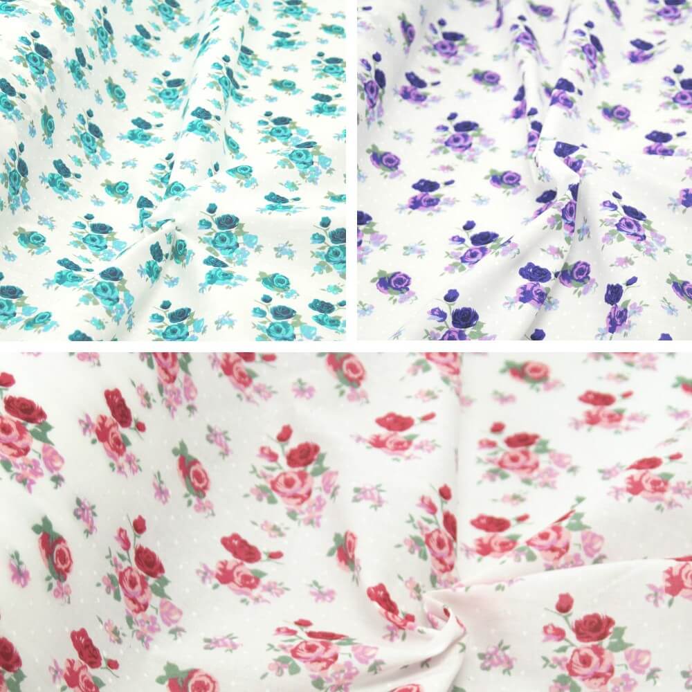 Polycotton Fabric Roses Polka Dots Flower Floral Turquoise