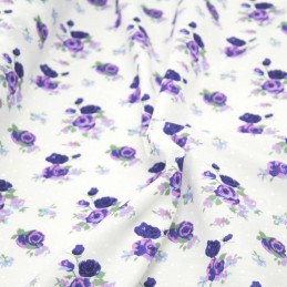Polycotton Fabric Roses Polka Dots Flower Floral Purple