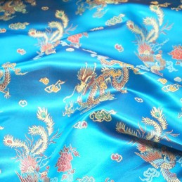 100% Polyester Chinese Brocade Dragon Embroidered Silky Satin Fabric Turquoise