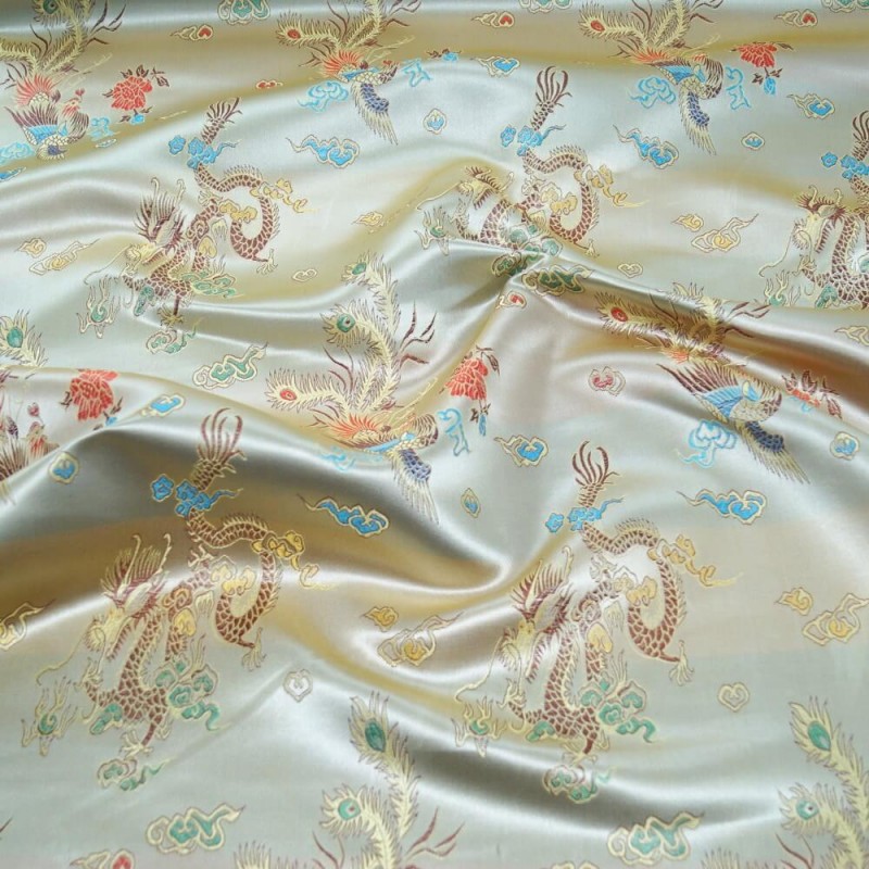 100% Polyester Chinese Brocade Dragon Embroidered Silky Satin Fabric