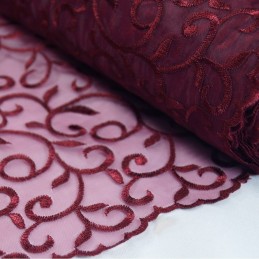 Embroidered Vine Nylon Voile Organza Curtain Dress Fabric Burgundy