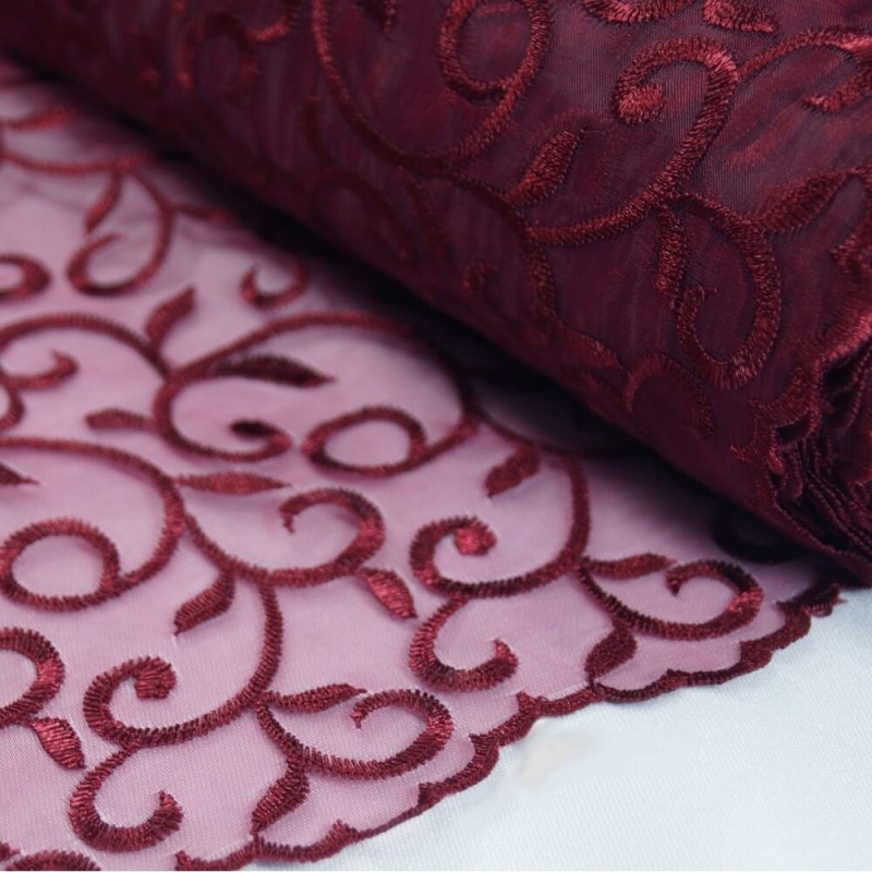 Embroidered Vine Nylon Voile Organza Curtain Dress Fabric Burgundy