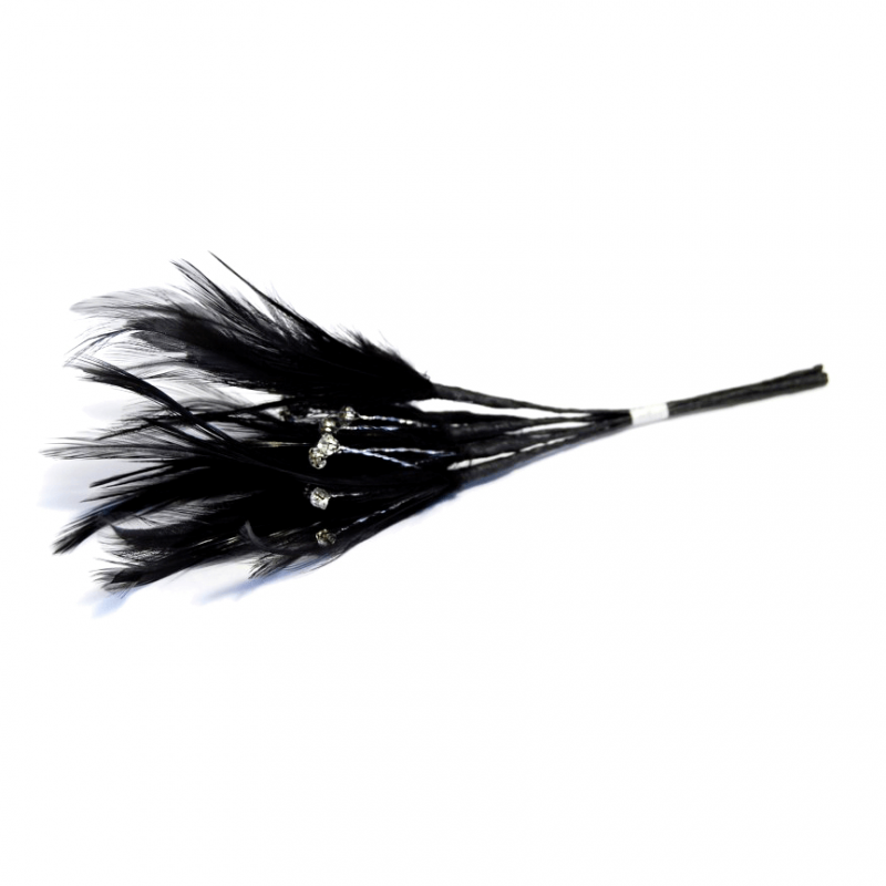 Black Diamante Feathers Corsage, Fascinator 10cm Wire Stem Bridal Hair Hat