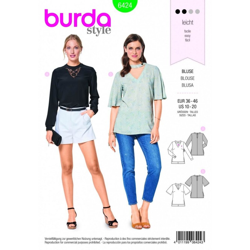 Burda Style V Neck Top Blouse Fabric Sewing Pattern 6424