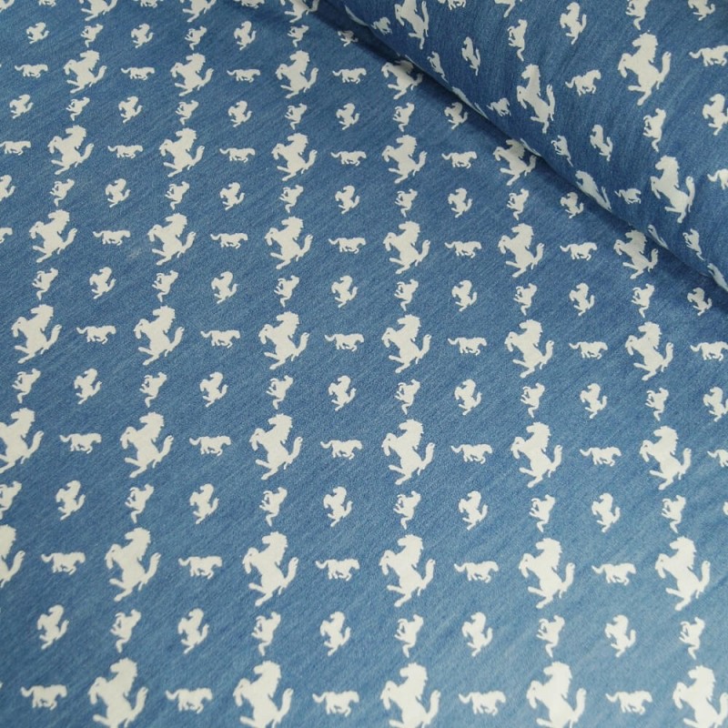 100% Cotton Chambray Leaping Horses Print Lightweight Fabric Denim Blue