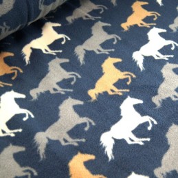 Navy Galloping Wild Stallions Horses Polar Fleece Anti Pil Fabric