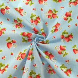 Hand Picked Strawberries Fruit Mini Flowers Polycotton Fabric Blue