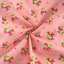 Hand Picked Strawberries Fruit Mini Flowers Polycotton Fabric Pink