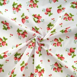 Hand Picked Strawberries Fruit Mini Flowers Polycotton Fabric White