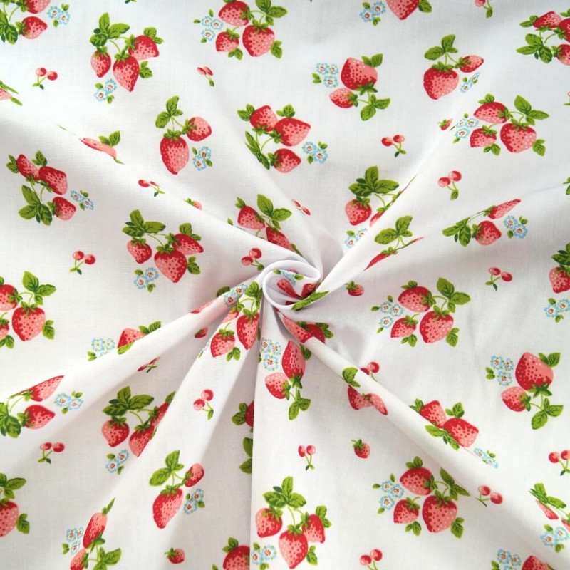 Hand Picked Strawberries Fruit Mini Flowers Polycotton Fabric