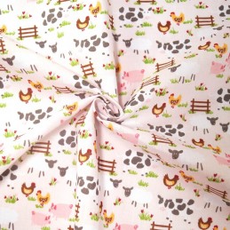 Farmer Joe Friendly Frolicking Farm Animals Field Polycotton Fabric Pink