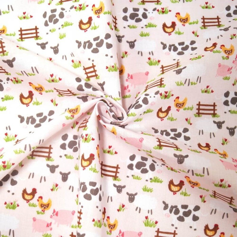Farmer Joe Friendly Frolicking Farm Animals Field Polycotton Fabric