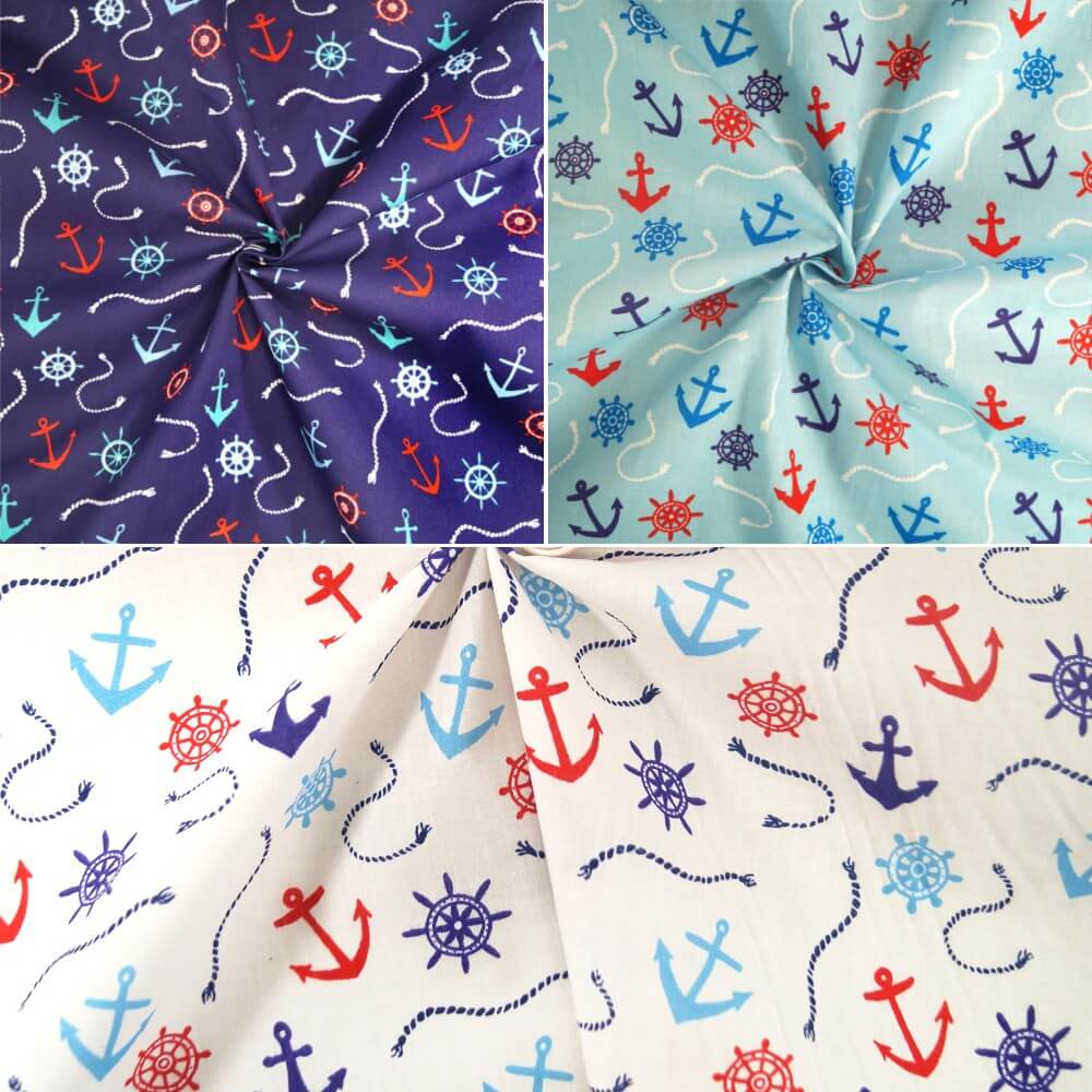 Polycotton Fabric Nautical Anchors Ropes Helms Boat Ships Sailor Sea White