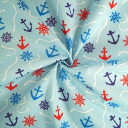 Polycotton Fabric Nautical Anchors Ropes Helms Boat Ships Sailor Sea Sky Blue