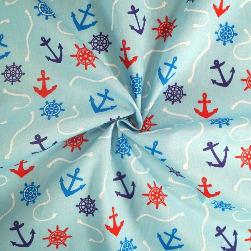 Polycotton Fabric Nautical Anchors Ropes Helms Boat Ships Sailor Sea