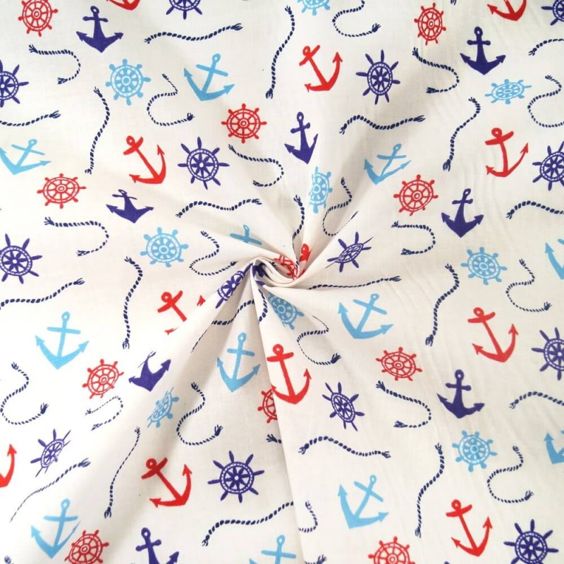 Polycotton Fabric Nautical Anchors Ropes Helms Boat Ships Sailor Sea
