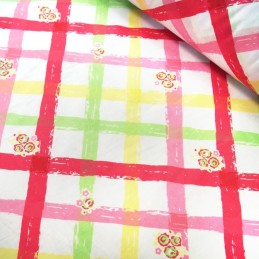 Polycotton Fabric Floral Flower Trellis Roses Squares Zig Zag Lines Pink