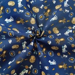 Polycotton Fabric The Cat Mouse Fish Bowl Play Navy
