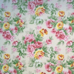 Cream Polycotton Fabric Pink Roses Bunches Floral Flowers Rose