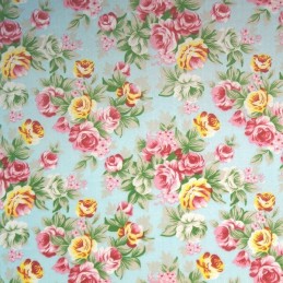 Sky Polycotton Fabric Pink Roses Bunches Floral Flowers Rose