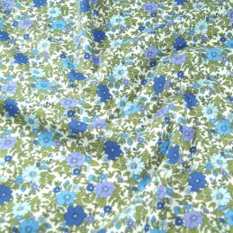 Blue 100% Cotton Poplin Fabric Rose & Hubble Colourful Flower Heads Floral