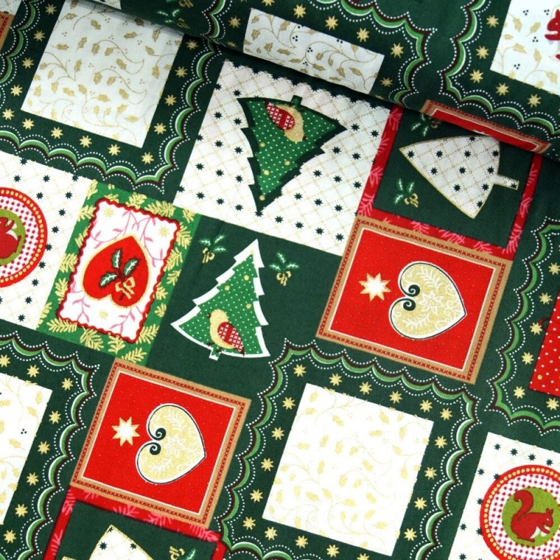 100% Cotton Fabric Christmas Xmas Stamps Patchwork Squares 135cm Wide