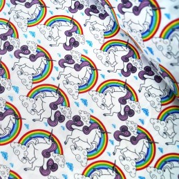 100% Cotton Poplin Fabric Proud & Beautiful Unicorns in a Cloudy Rainbow Sky Ivory