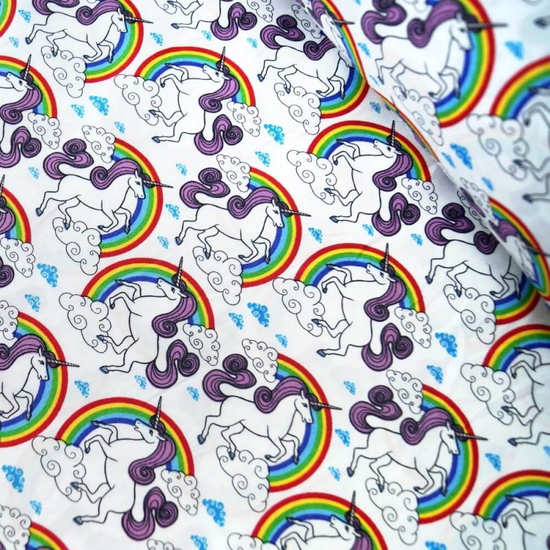 100% Cotton Poplin Fabric Proud & Beautiful Unicorns in a Cloudy Rainbow Sky