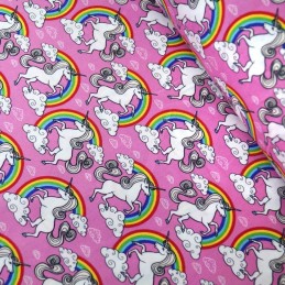 100% Cotton Poplin Fabric Proud & Beautiful Unicorns in a Cloudy Rainbow Sky Pink