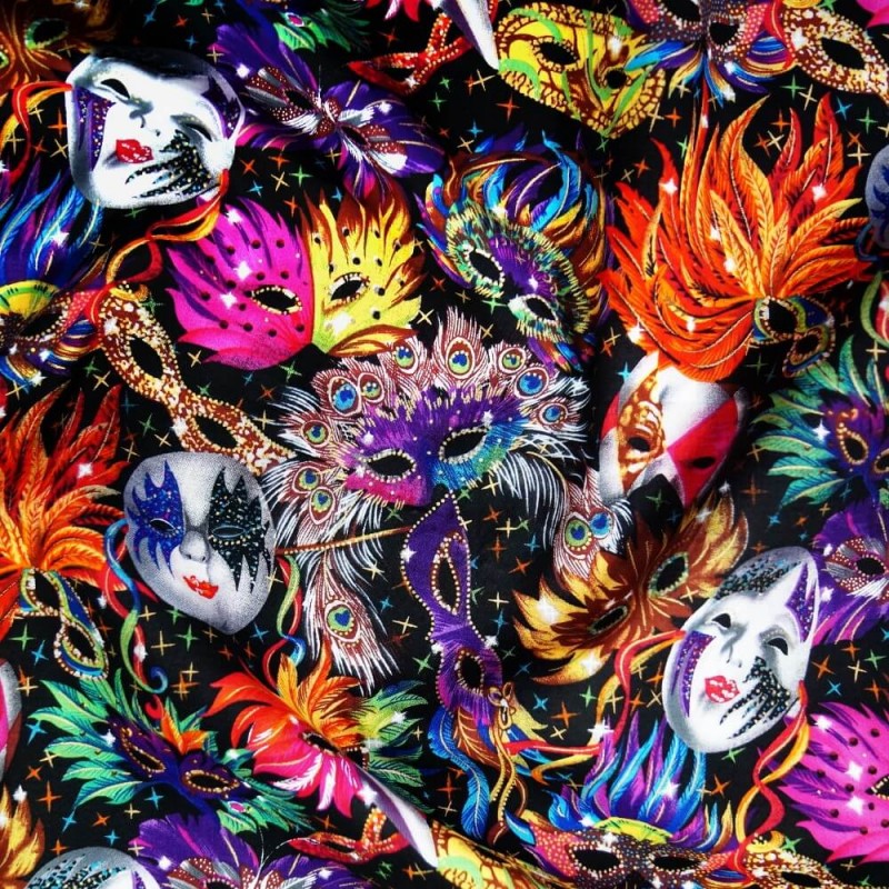 100% Cotton Fabric Masquerade Mask Masked Ball Carnival Feathers 135cm Wide