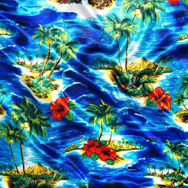 Polyester Satin Fabric Hawaiian Island Tropical Ocean Hibiscus Floral 145cm Wide