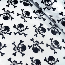 100% Polyester Satin Fabric Foil Skulls & Crossbones Halloween 150cm Wide Black On White