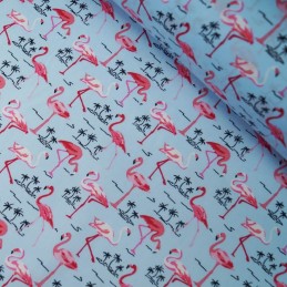 100% Cotton Poplin Fabric Rose & Hubble Tropical Flamingos Palm Trees Blue