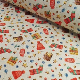 100% Cotton Linen Look Fabric Christmas Traditional Stocking Stars