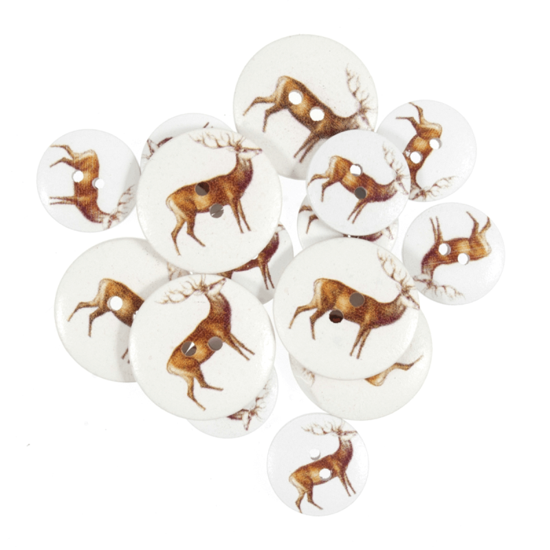 Assorted Standing Deer Wooden Buttons 15 Pack Sizes From 15mm - 25mm