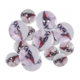 Assorted Woodpecker Bird Wooden Buttons 15 Pack Sizes From 15mm - 25mm