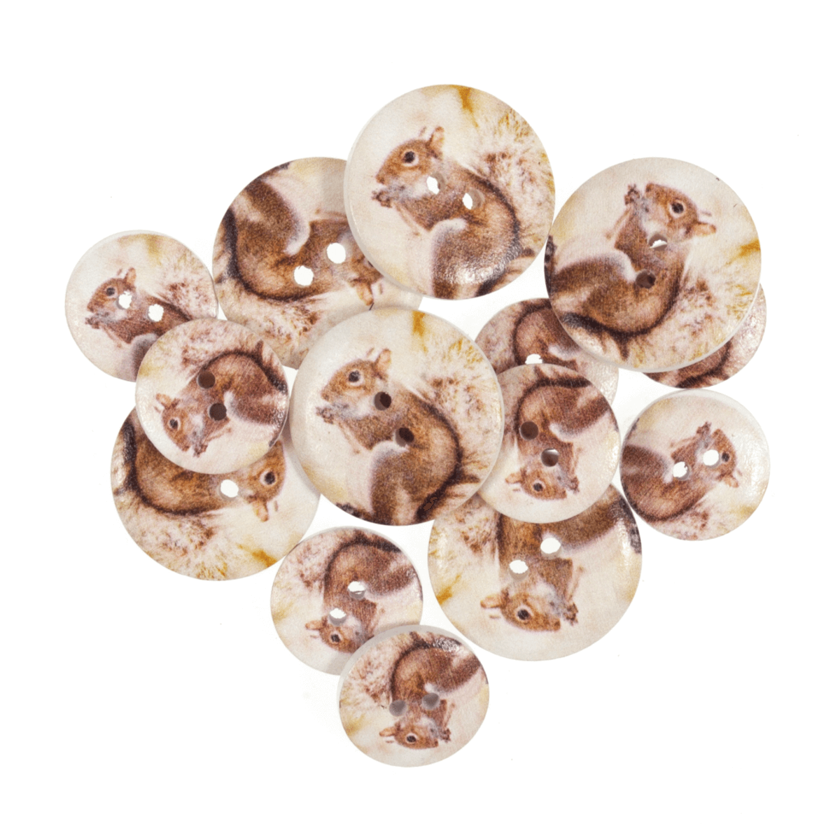 Assorted Bushy Tail Squirrel Wooden Buttons 15 Pack Sizes From 15mm - 25mm