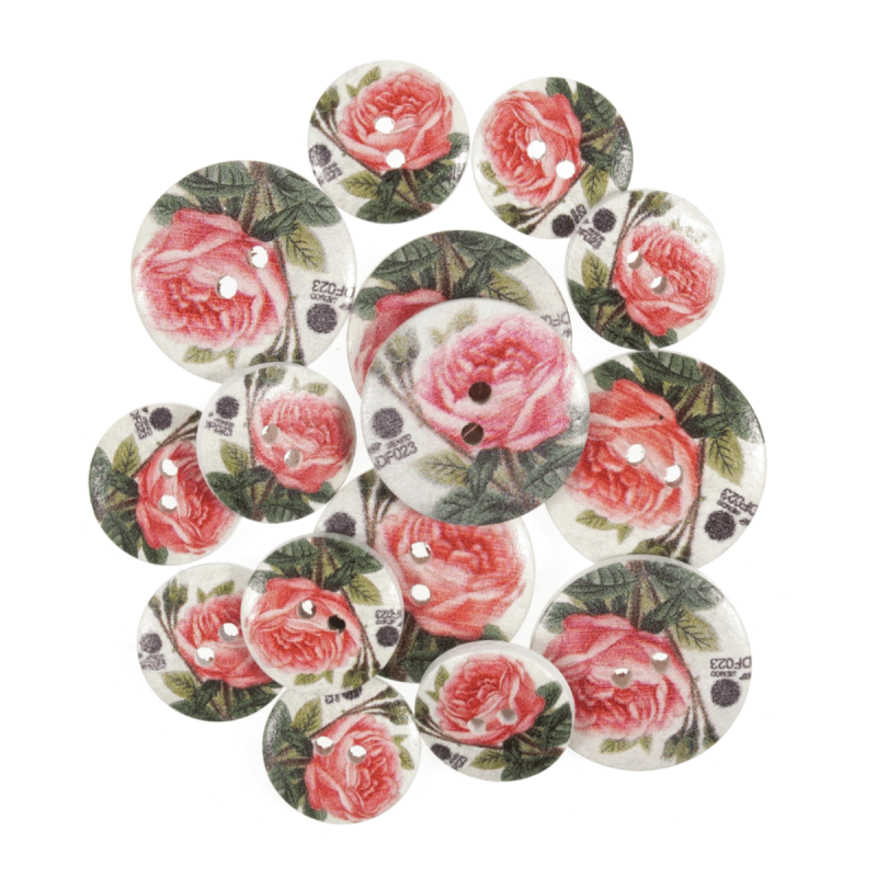 15 x Assorted Mexican Rose  Wooden Craft Buttons 18mm - 25mm 