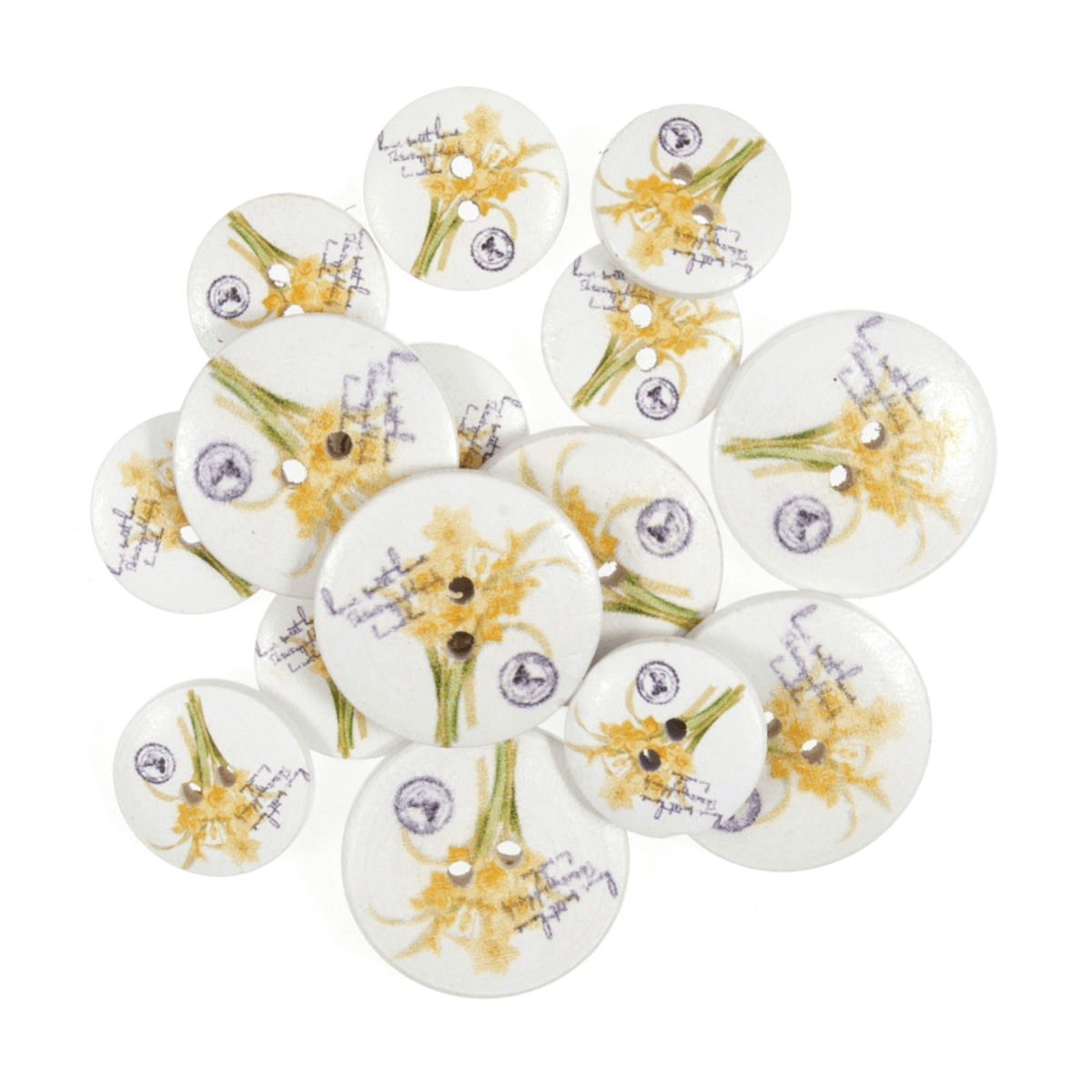 15 x Assorted Floral Daffodil Stamps Wooden Craft Buttons 18mm - 25mm 